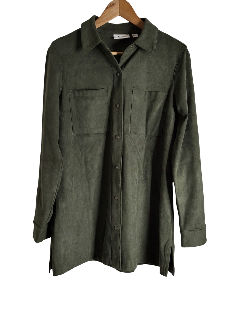 Denim&Co Olive Green Button-Front Faux Suede Shirt Jacket